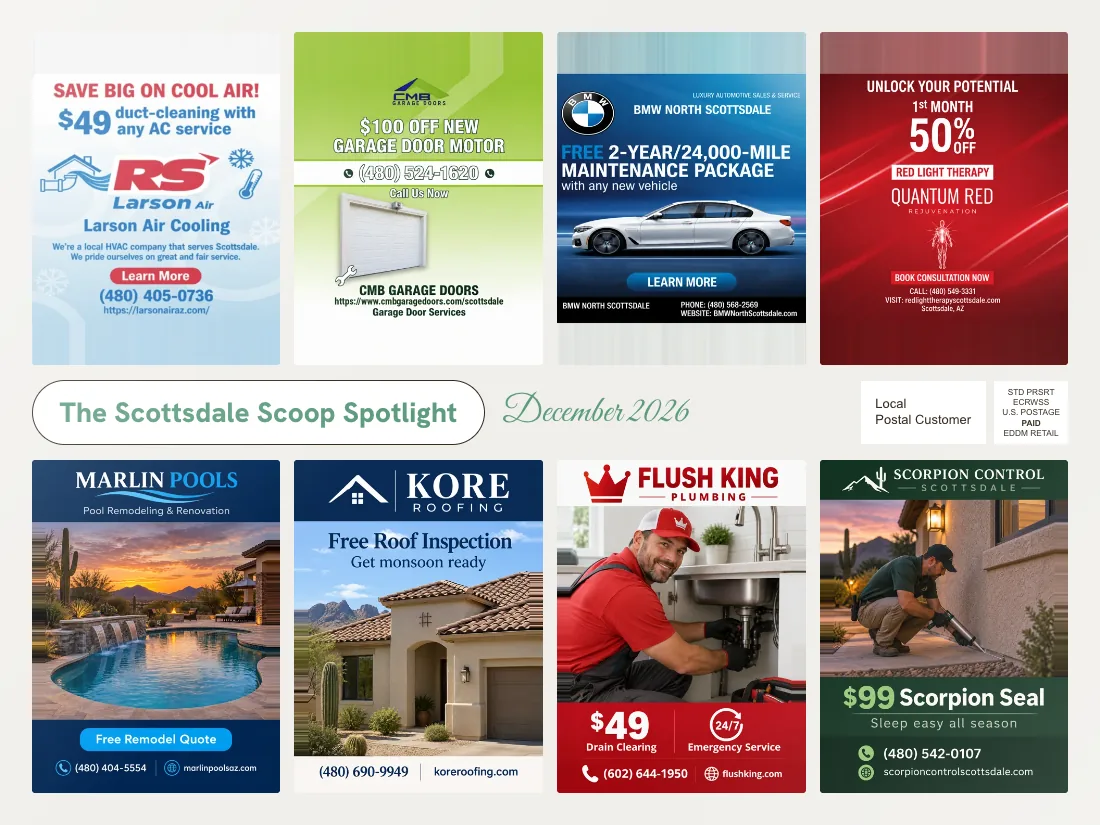 Front of the sample postcard with eight illustrative business advertisements
